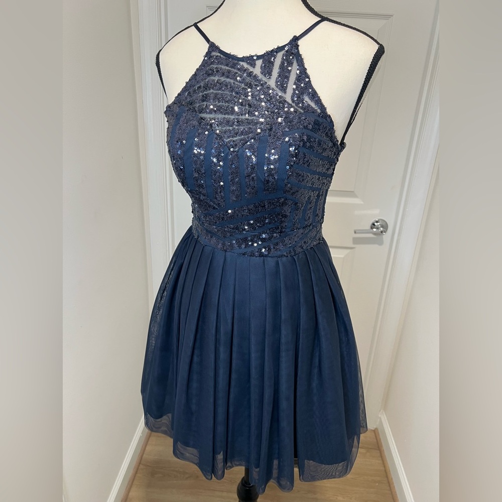 B Darlin Navy Blue Sequin Fit & Flare Dress with Bow Back – Size 0